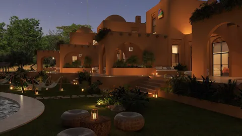 Stylish outdoor landscape with cozy seating and vibrant lighting featuring a contemporary architecture garden design, utilizing Homestyler's real-time 3D rendering for accurate visual previews.