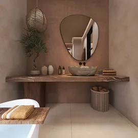 Wooden vanity with stylish basin and mirror in a modern bathroom design, showcasing a natural and minimalist aesthetic, featuring Homestyler's real-time 3D rendering for an immersive design experience.