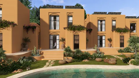 Modern desert homes surrounded by greenery with a swimming pool, showcasing a contemporary architectural design in a natural setting; featuring Homestyler's real-time 3D rendering for design proposal visualization.