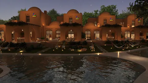 3D rendering of a desert-style villa exterior at night with soft lighting around the pool area, showcasing landscape design with a relaxing ambiance; featuring Homestyler's real-time 3D rendering capabilities.