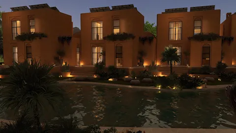 modern residential buildings illuminated at night with landscaped gardens and water features, showcasing exterior design with a focus on ambiance and tranquility, utilizing Homestyler's real-time 3D rendering for effective visual presentation.