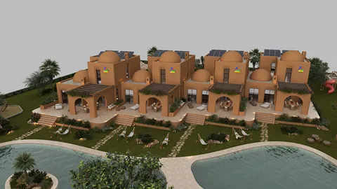 3D rendering of a modern desert-style villa complex showcasing domed architecture and solar panels, designed for eco-friendly living, featuring outdoor lounging areas by a serene pool, utilizing Homestyler's real-time 3D rendering feature.