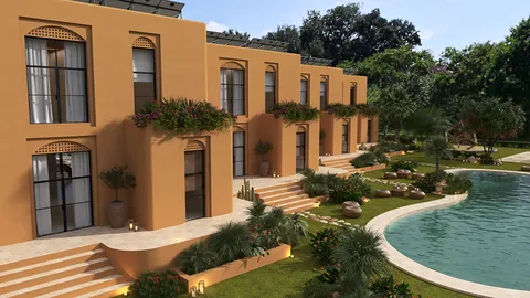 modern villa exterior design with landscaped gardens and pool featuring Homestyler's real-time 3D rendering for exterior visualization