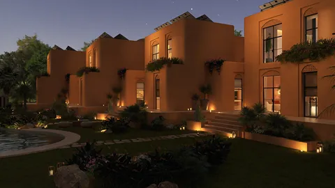 exterior view of a modern villa with ambient lighting showcasing landscape design, featuring a cozy atmosphere, optimized using Homestyler's real-time 3D rendering function