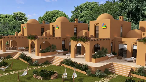 exterior of adobe-style houses featuring arched doorways and domed roofs surrounded by landscaping, showcasing a modern rustic charm in a serene outdoor setting enhanced by Homestyler's real-time 3D rendering