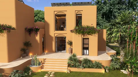 exterior view of a modern house with terraces and greenery, showcasing a contemporary design for outdoor spaces, featuring Homestyler's real-time 3D rendering functionality