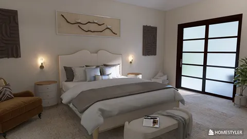 modern bedroom featuring a cozy bed arrangement with neutral tones and textile accents, showcasing interior decor elements for a calming atmosphere, utilizing Homestyler's real-time 3D rendering for effective design preview.