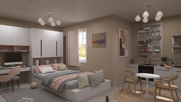 modern bedroom design featuring a cozy bed and stylish workspace, showcasing the use of Homestyler's real-time 3D rendering for optimized interior decor visualization