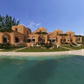 outdoor villa design showcasing contemporary architecture and lush landscaping, highlighting the serene waterfront view, utilizing Homestyler's real-time 3D rendering feature for accurate visualization.