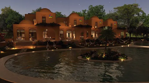 3D rendering of a modern desert resort with elegant architectural design, showcasing outdoor lounging areas by a tranquil pool, ideal for immersive interior decor ideas using Homestyler's real-time 3D rendering feature.