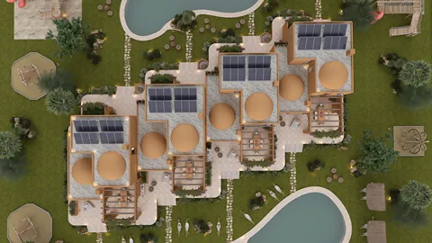 top view of luxury eco-friendly villas with solar panels and landscaped gardens, designed for sustainable living, showcasing Homestyler's real-time 3D rendering feature.
