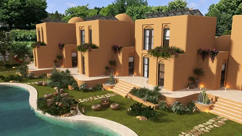 modern villa exterior design featuring lush landscaping and a serene poolside setting, showcasing outdoor living space and architectural beauty, utilizing Homestyler's real-time 3D rendering.