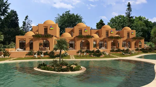 luxurious desert villas with domed roofs surrounded by lush greenery, showcasing a modern architectural design for resort living, featuring real-time 3D rendering capabilities of Homestyler.