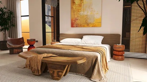 Modern bedroom interior featuring a wooden bed with decorative throw, designed with an earthy color palette to create a warm atmosphere, showcasing Homestyler's real-time 3D rendering capabilities.