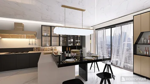 modern kitchen with open layout featuring sleek cabinets and elegant dining area showcasing a minimalist style, designed using Homestyler's real-time 3D rendering feature.