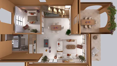 top view of a modern open-plan living area with a dining space, furnished with stylish furniture and decorative elements, showcasing an interior design concept using Homestyler's real-time 3D rendering feature.