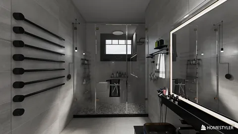 modern bathroom design featuring sleek shower and vanity arrangement with minimalist decor, optimized for small spaces using Homestyler's smart furniture arrangement tool.