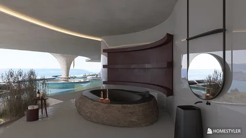 luxurious bathtub design featuring a modern styling in a waterfront view, showcasing the interior decor expertise of Homestyler's real-time 3D rendering feature.