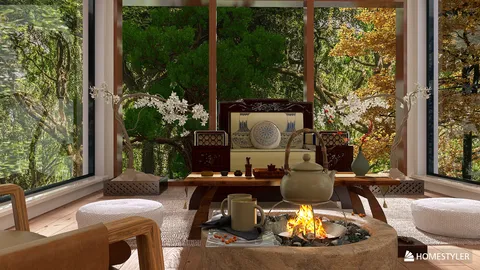 cozy living room featuring a modern fireplace design with a natural decor style, providing a serene space for relaxation with Homestyler's real-time 3D rendering functionality