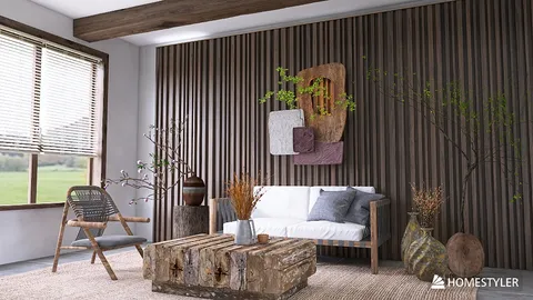 cozy living room with wooden accents showcasing rustic decor and warm tones using Homestyler's real-time 3D rendering feature for interior design.