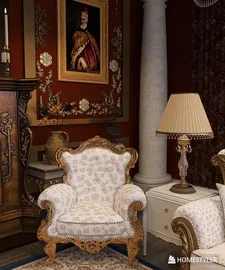 ornate armchair with intricate design in a lavishly decorated room featuring classical artwork and elegant decor, showcasing interior design expertise using Homestyler's real-time 3D rendering feature