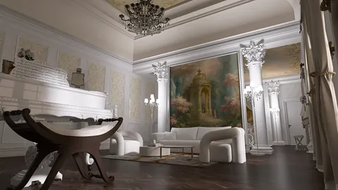 luxurious living room featuring a chandelier and ornate columns, designed for elegant ambience using Homestyler's real-time 3D rendering.