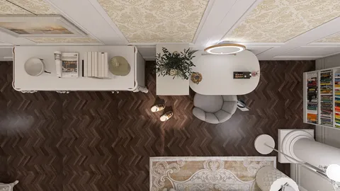 Top view of an elegant workspace featuring a modern desk and a cozy chair, styled in a classic design with warm wood tones and ornate wallpaper, showcasing interior decor optimization using Homestyler's real-time 3D rendering.