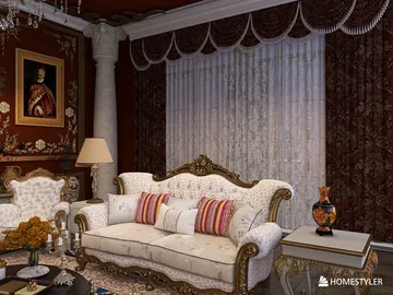 elegant sofa arrangement enhancing luxury style in the living room featuring velvet curtains with real-time 3D rendering by Homestyler