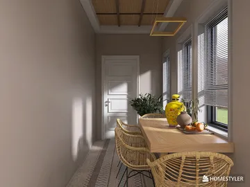 A wooden dining table set in a well-lit hallway, featuring rattan chairs and decorative items, showcasing modern interior decor with a minimalist style. Highlights the Homestyler real-time 3D rendering feature for effective design proposals.