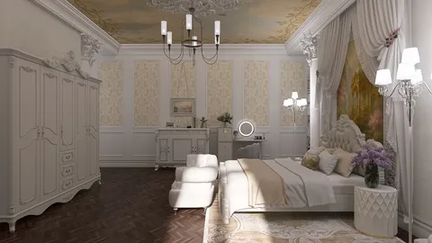 luxurious bedroom interior design featuring a queen-sized bed adorned with elegant bedding and decorative pillows, showcasing a classic style with intricate details, utilizing Homestyler's real-time 3D rendering for a stunning visualization.