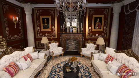 luxurious living room design featuring elegant sofas and a grand chandelier, showcasing a classic style with rich colors, utilizing Homestyler's 3D rendering feature for realistic decor visualization