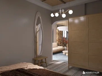 modern bedroom design featuring a wooden wardrobe and a decorative mirror, showcasing a cozy and inviting aesthetic, optimized for interior decor with Homestyler's real-time 3D rendering feature.
