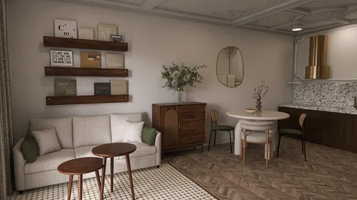 cozy living room with a modern touch featuring a comfortable sofa, stylish coffee tables, and a round dining table in a contemporary design, showcasing the interior decor inspiration using Homestyler's real-time 3D rendering.