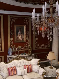 luxurious living room with opulent chandelier and ornate decorations showcasing classical elegance and comfort, using Homestyler's real-time 3D rendering feature for design preview.