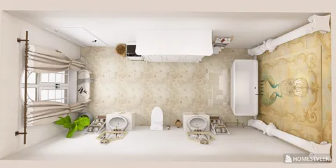 Elegant bathroom design featuring a spacious layout with a freestanding bathtub, dual vanities, and intricate flooring patterns, showcasing an immersive 3D rendering from Homestyler.