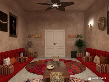 Traditional living room featuring ornate seating arrangements and vibrant textile patterns, designed using Homestyler's real-time 3D rendering for an immersive interior design experience.