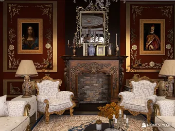 luxurious living room with ornate furniture featuring a classic fireplace and elegant decor style showcasing interior design principles using Homestyler's real-time 3D rendering feature.