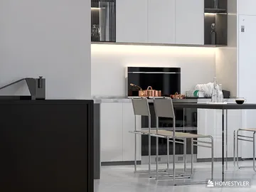 modern kitchen featuring sleek cabinetry and minimalist design with a focus on efficient space usage, utilizing Homestyler's real-time 3D rendering for design visualization.