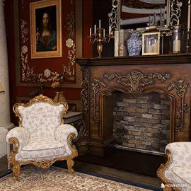 elegant armchair with intricate details positioned near a vintage fireplace in a classic design style, showcasing luxurious interior decor; utilizing Homestyler's live 3D rendering feature for design preview.