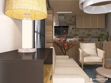 Modern living room design featuring a cozy sofa and stylish lamp, showcasing a warm atmosphere and open layout, optimized for small space living using Homestyler's smart furniture arrangement.