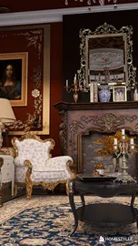 luxurious armchair with intricate patterns placed in an ornate living room design featuring a vintage fireplace and elegant wall art, showcasing Homestyler’s real-time 3D rendering for interior design visualization.