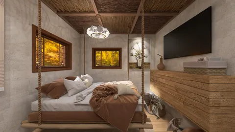 Cozy bedroom with a hanging bed and natural wood elements featuring warm tones, showcasing a rustic interior design style focused on maximizing comfort, utilizing Homestyler's real-time 3D rendering feature.