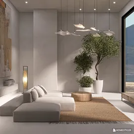 modern sofa arrangement in a minimalist style living room enhancing space value with Homestyler's real-time 3D rendering feature