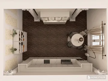 Top view of a modern kitchen design featuring a dining area with a round table and elegant chairs, executed in a contemporary style, showcasing optimized space utilization using Homestyler's real-time 3D rendering.