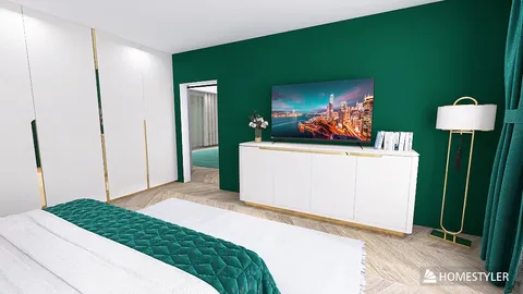 Modern bedroom featuring a stylish TV console against a green accent wall, incorporating smart furniture arrangement for optimal space usage, showcasing interior decor design using Homestyler's real-time 3D rendering feature.