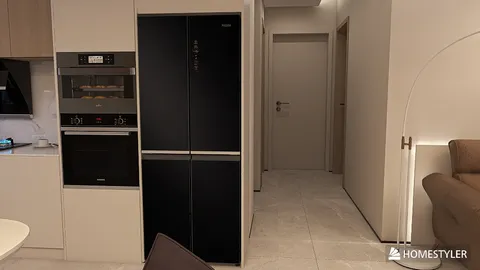 modern kitchen design showcasing a stylish refrigerator and oven arrangement, executed in a sleek minimalist style, enhancing space functionality with Homestyler's real-time 3D rendering feature