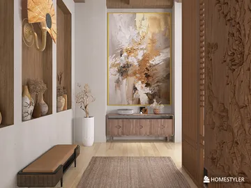 modern hallway design featuring a large abstract painting, enhanced by a warm color palette and natural materials, showcasing interior decor principles using Homestyler's 3D rendering functionality.