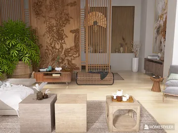 modern living room featuring natural wood elements and indoor plants, designed using Homestyler to enhance indoor decor aesthetics with real-time 3D rendering.