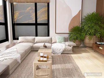Modern living room sofa arrangement with cozy decor elements in a minimalist style, featuring interior design ideas for a comfortable space, utilizing Homestyler's real-time 3D rendering feature.