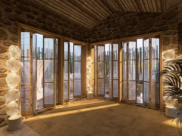 luxurious stone-walled sunroom showcasing ambient lighting with wooden ceiling beams, creating a warm atmosphere for relaxation, featuring Homestyler's real-time 3D rendering for an immersive interior design experience.